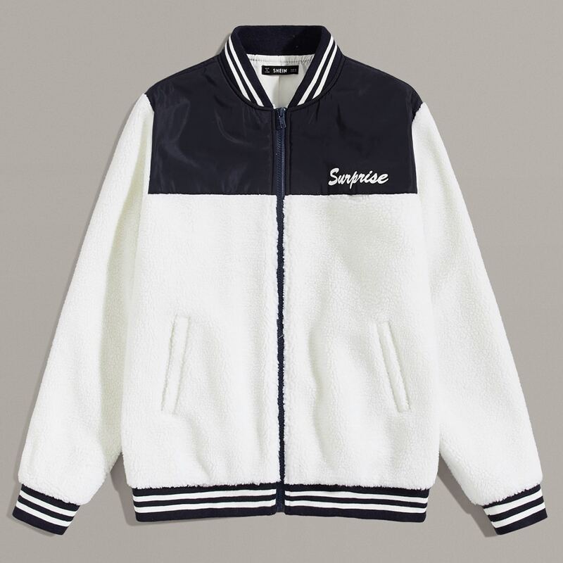 

Guys Letter Graphic Striped Trim Teddy Baseball Jacket, White