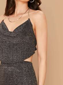 SHEIN BAE Cowl Neck Backless Glitter Top And Bodycon Skirt Set - Black - View 4