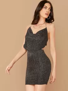 SHEIN BAE Cowl Neck Backless Glitter Top And Bodycon Skirt Set - Black - View 1