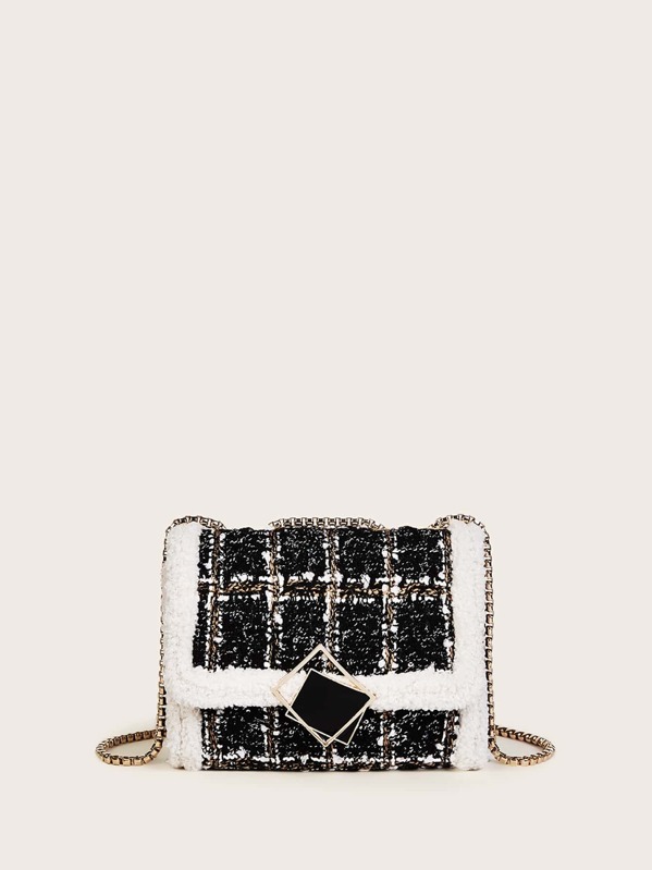 

Contrast Trim Tweed Crossbody Bag, Multicolor