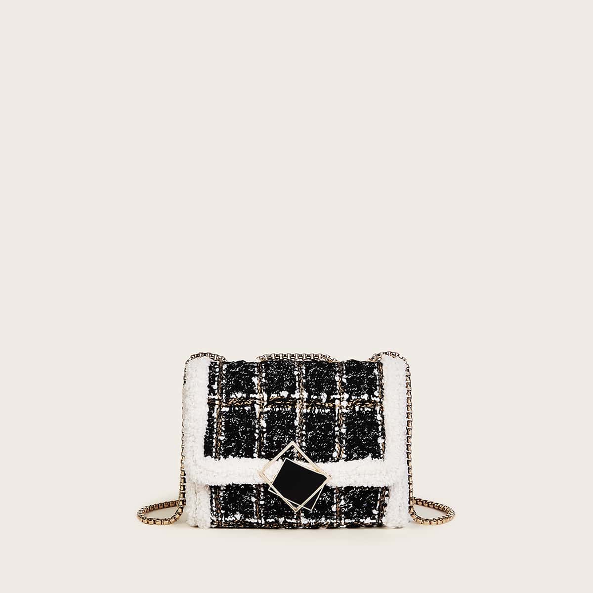 

Contrast Trim Tweed Crossbody Bag, Multicolor
