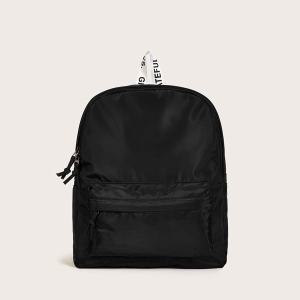 

Pocket Front Backpack With Letter Strap, Black