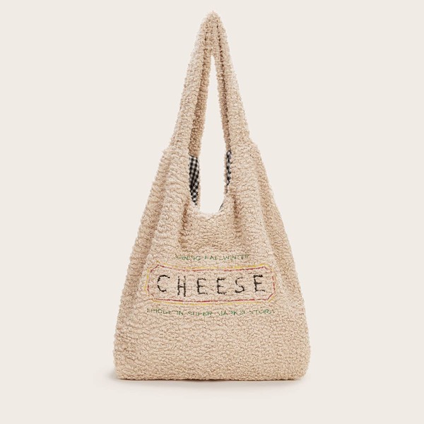 

Letter Graphic Faux Fur Tote Bag, Beige