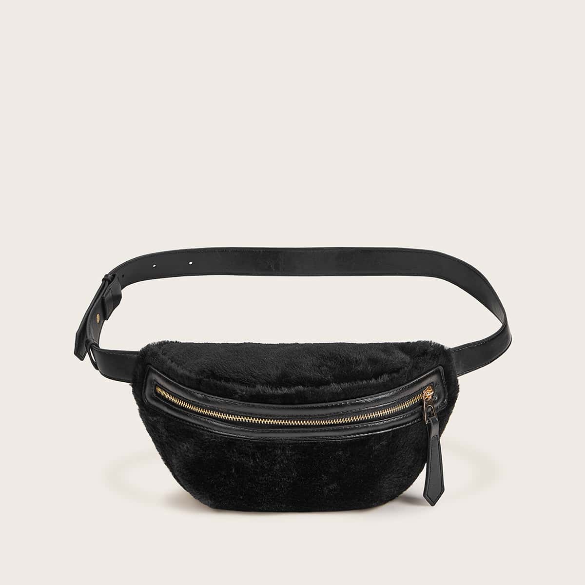 

Zip Front Faux Fur Fanny Pack, Black