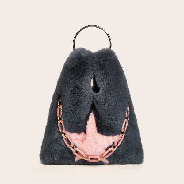 

Faux Fur Fluffy Tote Bag With Ring Handle, Grey