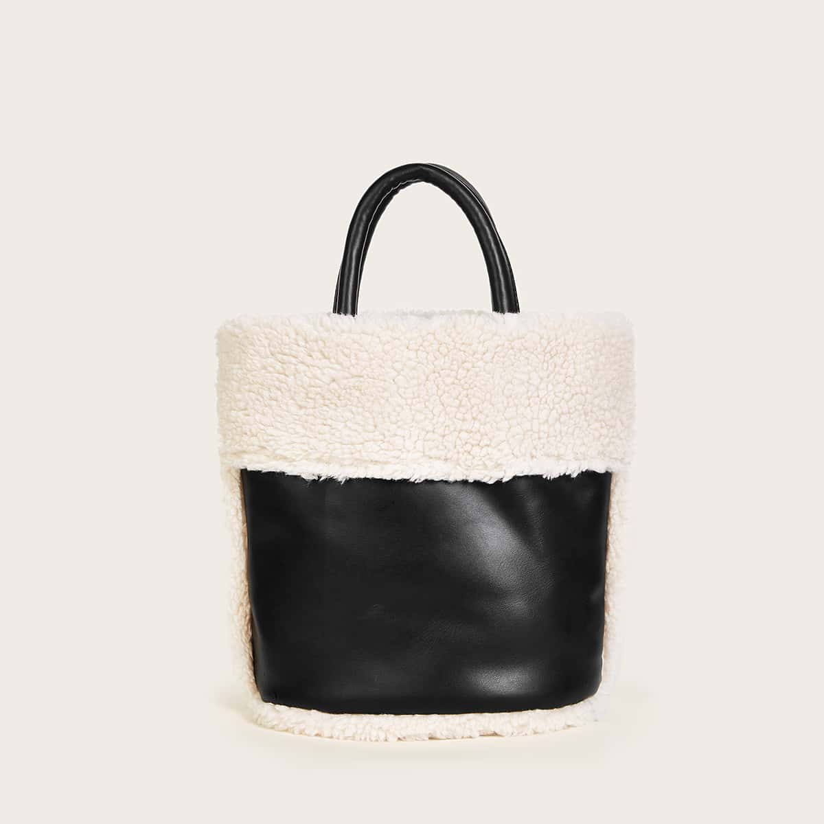

Faux Fur Panel Satchel Bag, Black and white
