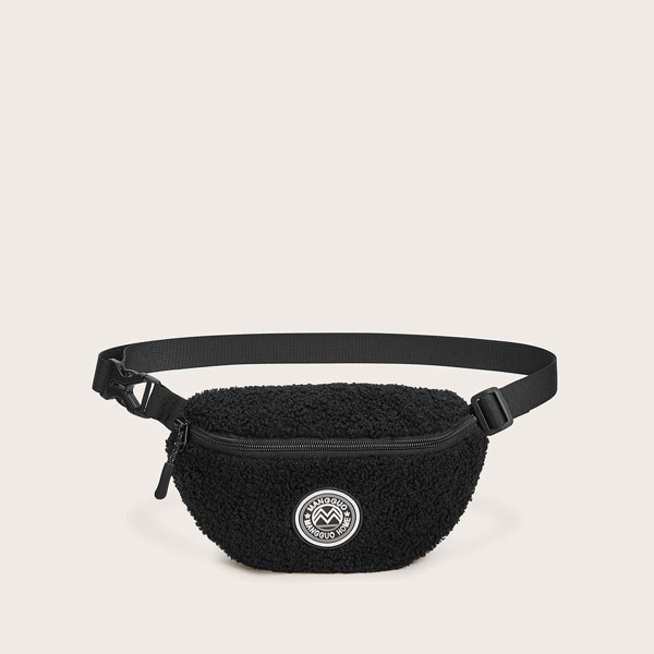 

Letter Graphic Fluffy Bum Bag, Black