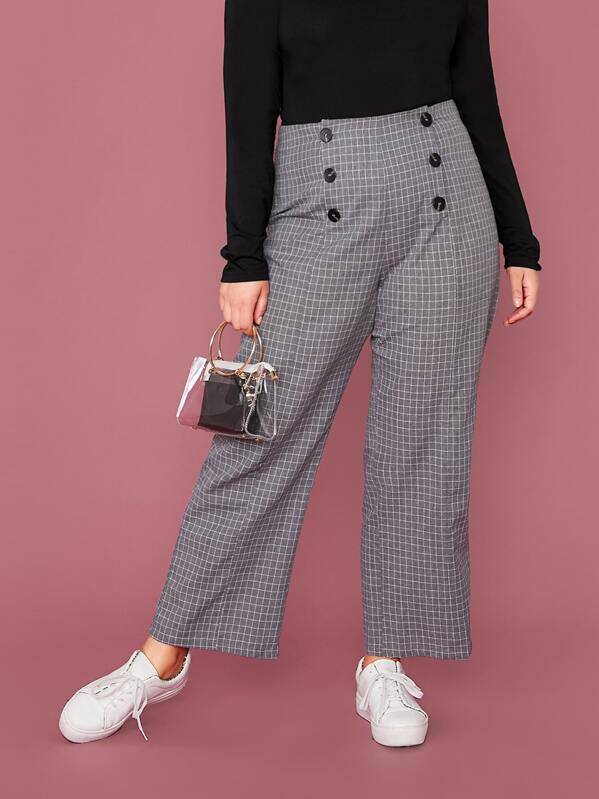 

Plus Buttoned Front Plaid Pants, Grey, Marcelle Pallais