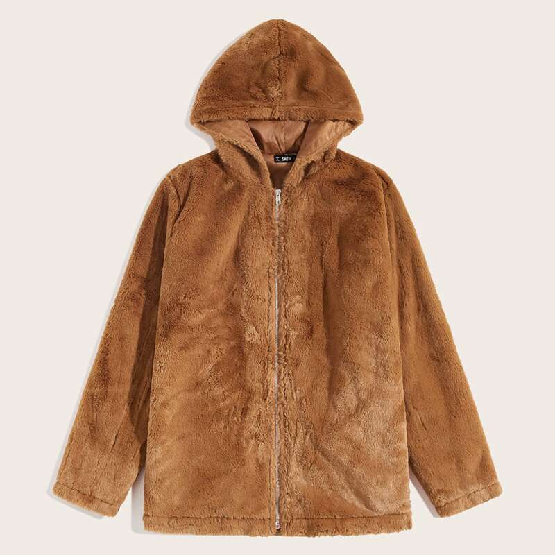 

Guys Zip Up Faux Fur Hoodie, Brown