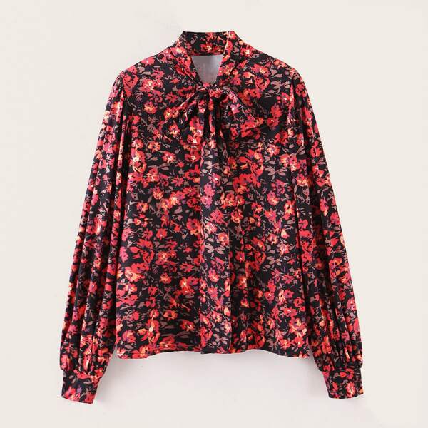 

Floral Print Tie Neck Blouse, Multicolor