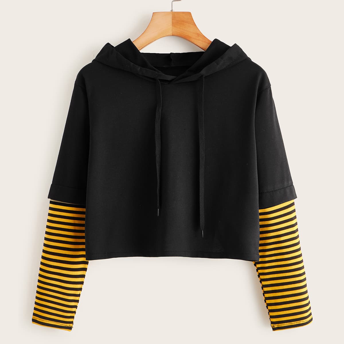 

2 In 1 Striped Panel Sleeve Drawstring Hoodie, Black