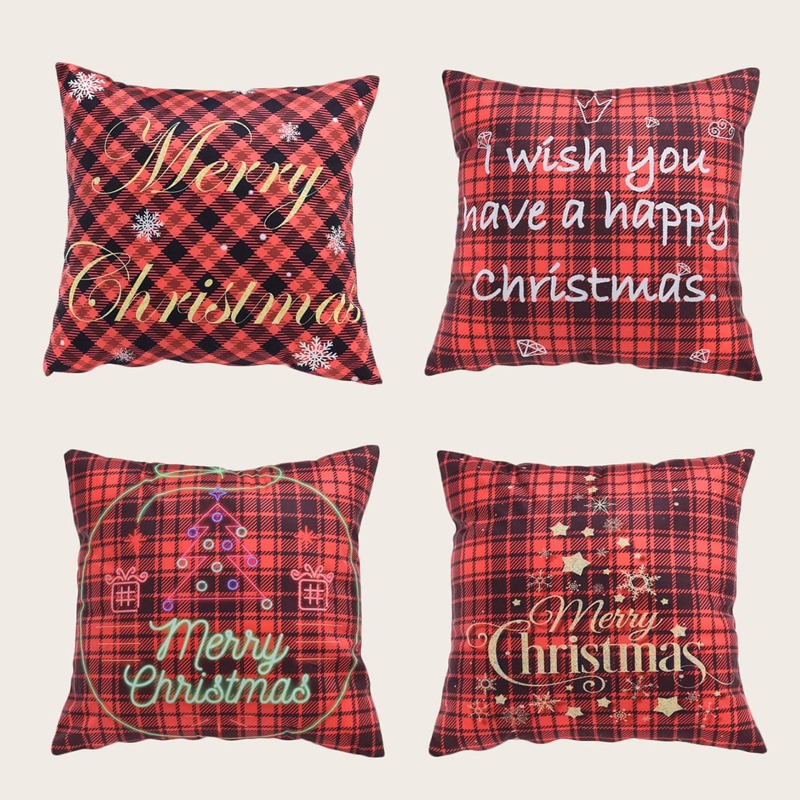 

1pc Slogan Print Plaid Cushion Cover Without Filler, Red
