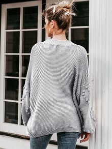 Simplee Drop Shoulder Pompom Detail Lantern Sleeve Cardigan - Grey - View 2