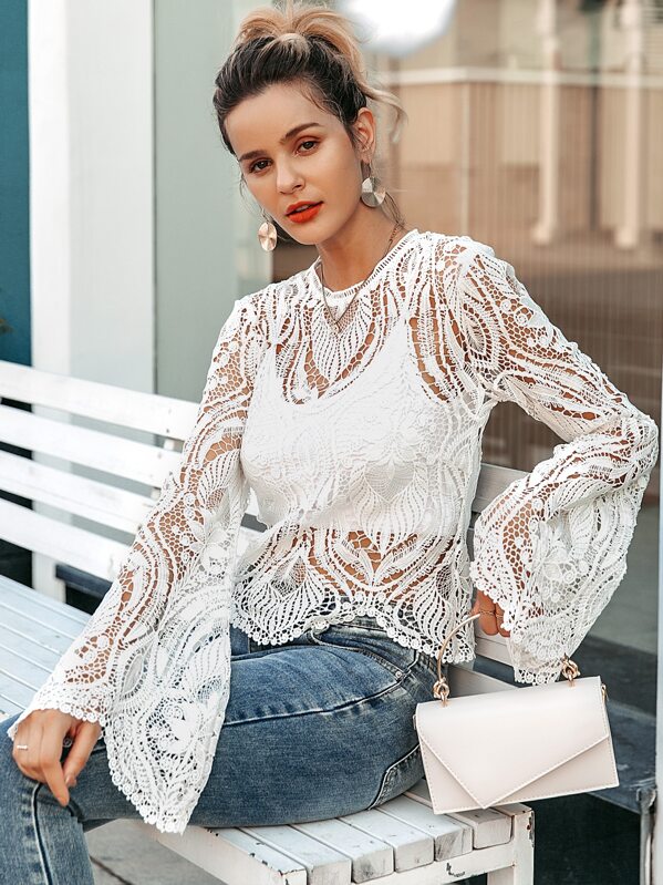 

Simplee Zip Back Bell Sleeve Sheer Guipure Lace Top Without Cami, White