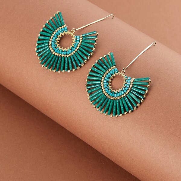 

1pair Threader Beaded Fan Earrings, Green