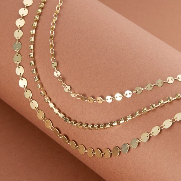 

Layered Disc And Rhinestone Chain Necklace, Gold