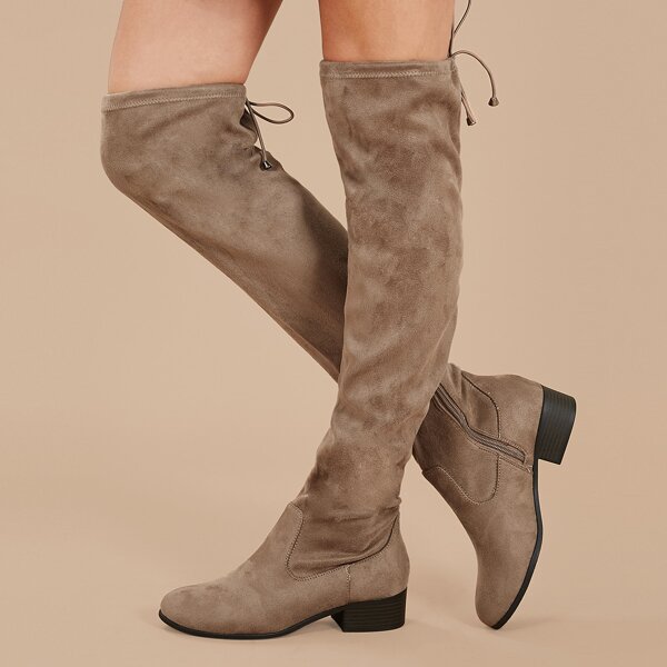 

Over The Knee Low Heel Back Tie Stretch Boots, Camel