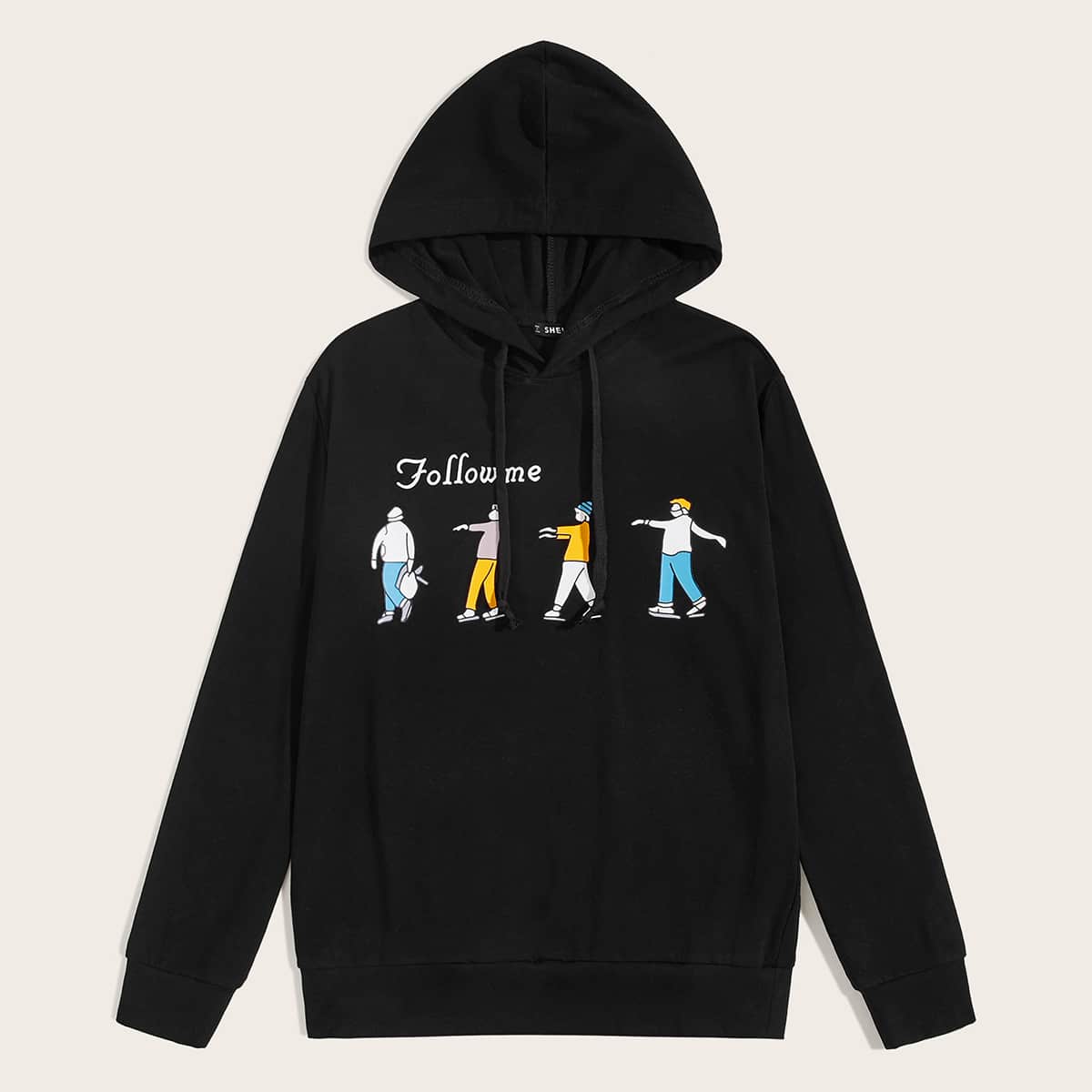 

Guys Slogan & Figure Graphic Drawstring Hoodie, Black