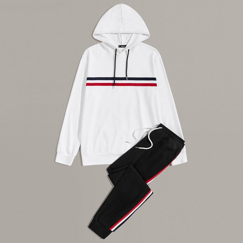 

Guys Drawstring Detail Contrast Striped Tape Hoodie & Sweatpants Set, Black and white