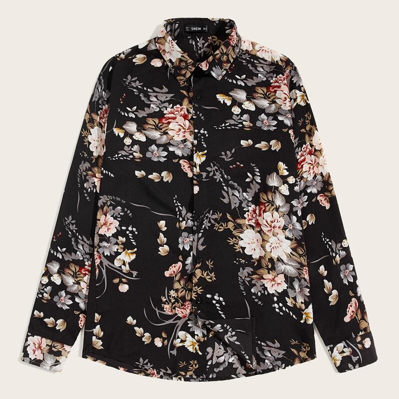 

Guys Button Front Botanical Print Shirt, Multicolor