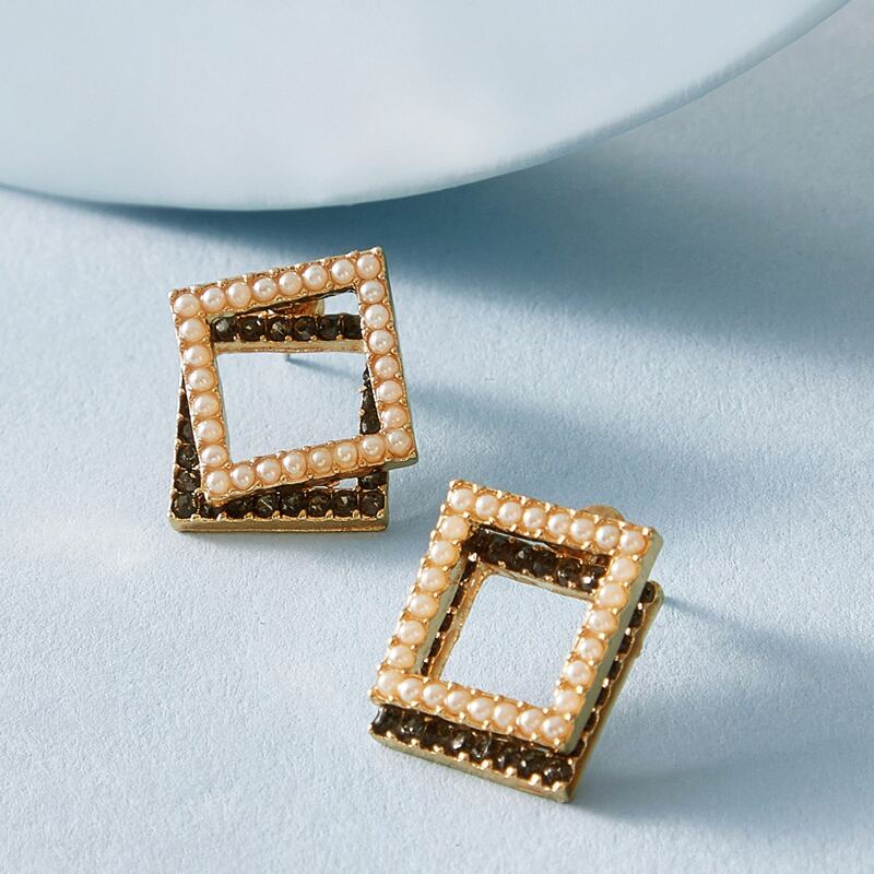 

1pair Rhinestone Engraved Double Square Stud Earrings, Multicolor