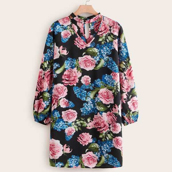 

Plus Choker Neck Cut Out Lantern Sleeve Floral Print Dress, Multicolor