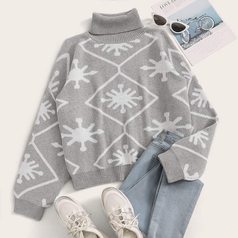 

Geo Graphic Turtleneck Drop Shoulder Sweater, Grey