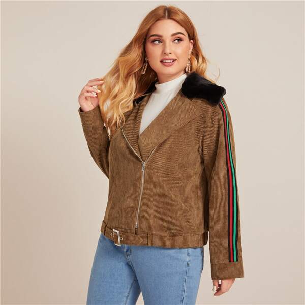 

Plus Contrast Faux Fur Collar Striped Tape Side Cord Biker Jacket, Brown