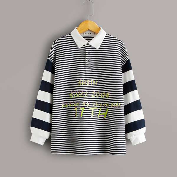 

Boys Slogan Graphic Striped Polo Shirt, Navy