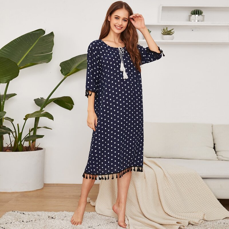 

Polka Dot Tassel Hem Night Dress, Navy