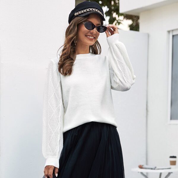 

Solid Cable Knit Sleeve Sweater, White