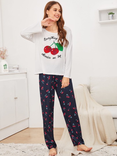 Letter & Cherry Print PJ Set pictures