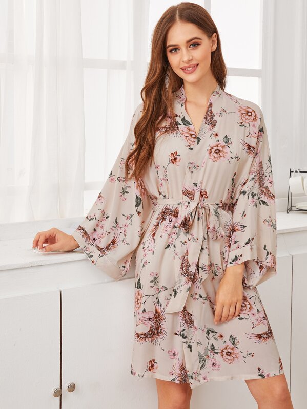 

Crane & Floral Print Belted Robe, Multicolor, Sonya