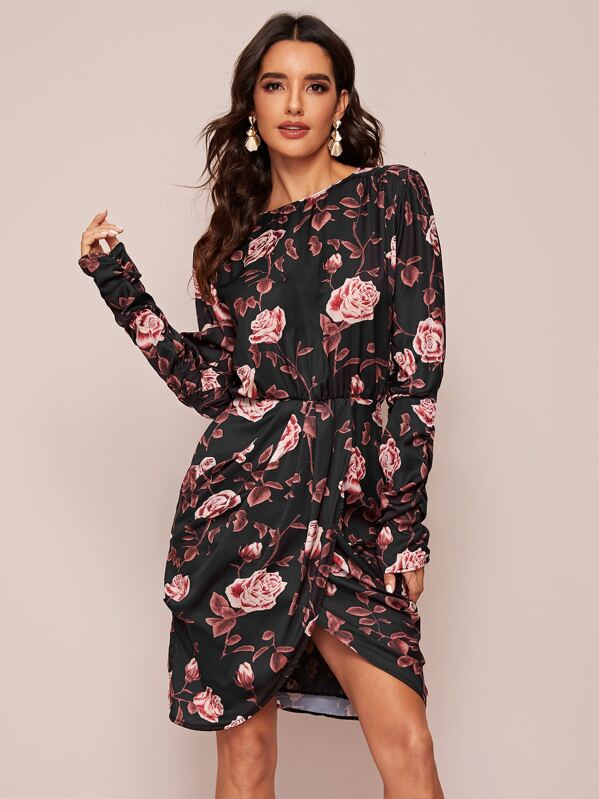 

Floral Print Ruched Sleeve Asymmetric Hem Dress, Black, Juliana