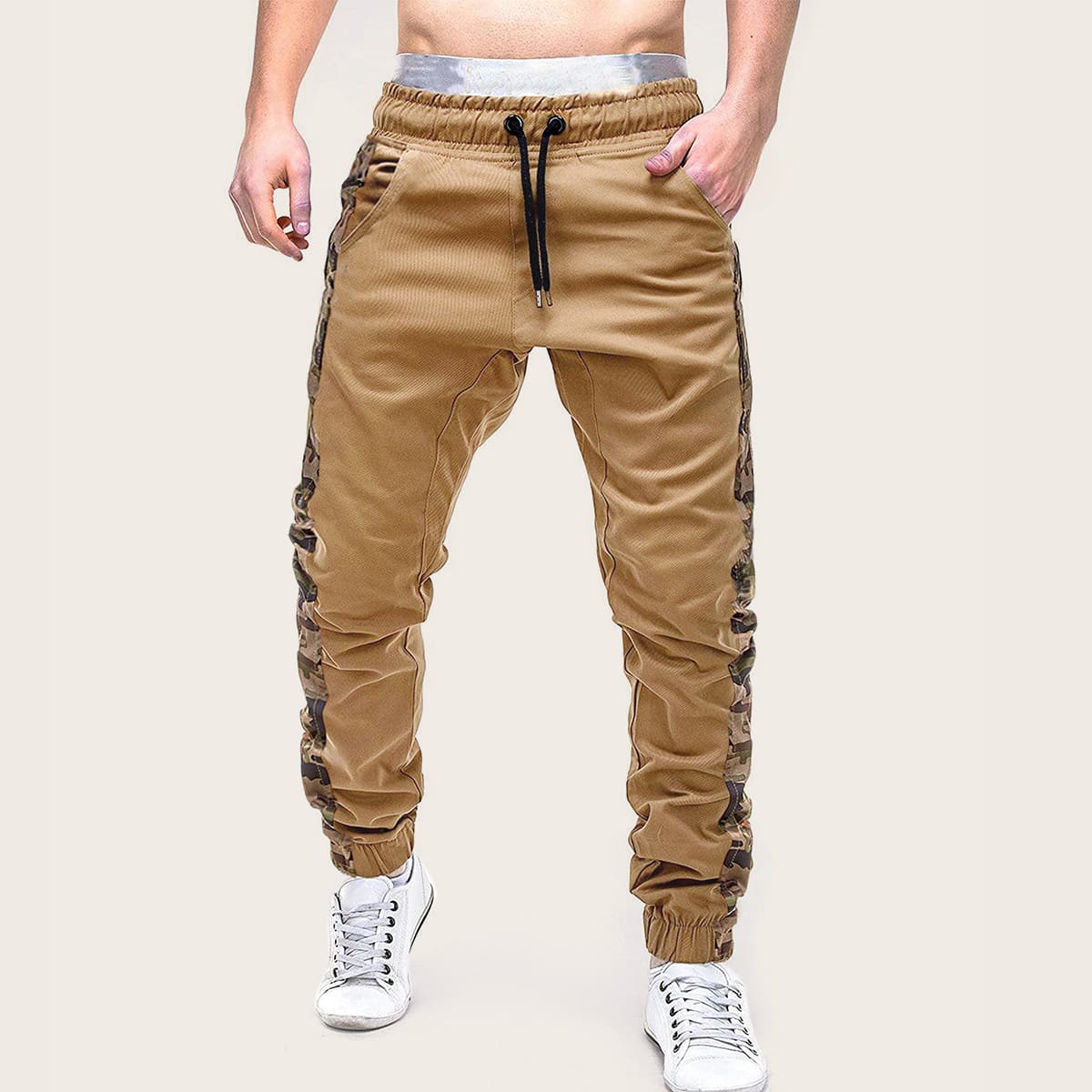 

Guys Contrast Camo Print Drawstring Waist Pants, Khaki