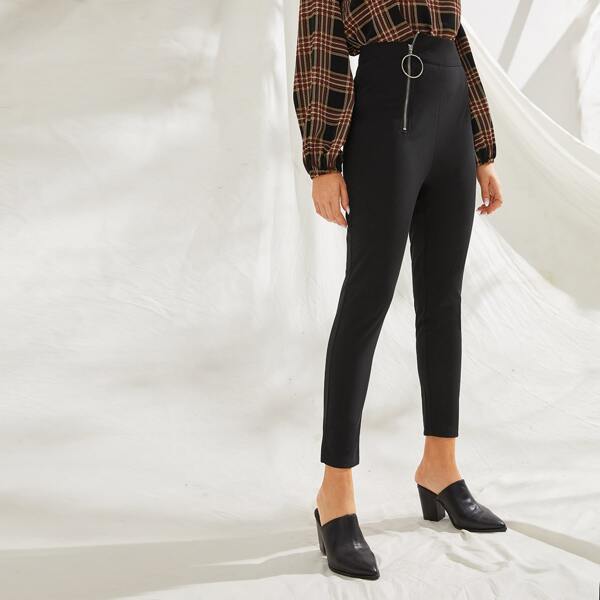 

Ring Zipper High Waist Skinny Pants, Black