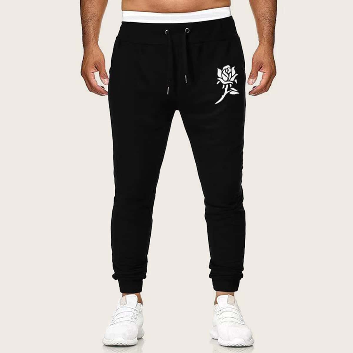 

Guys Rose Print Drawstring Sweatpants, Black