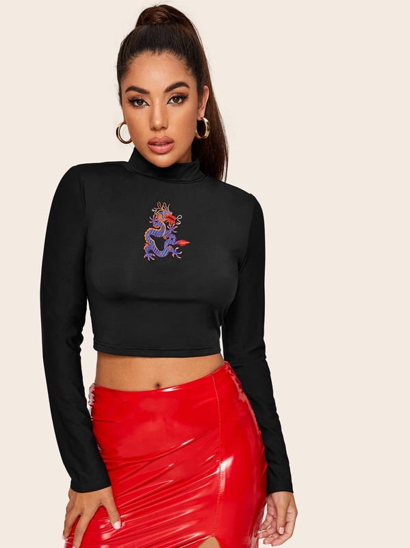 

Dragon Embroidery Mock Neck Crop Tee, Black, Lucia
