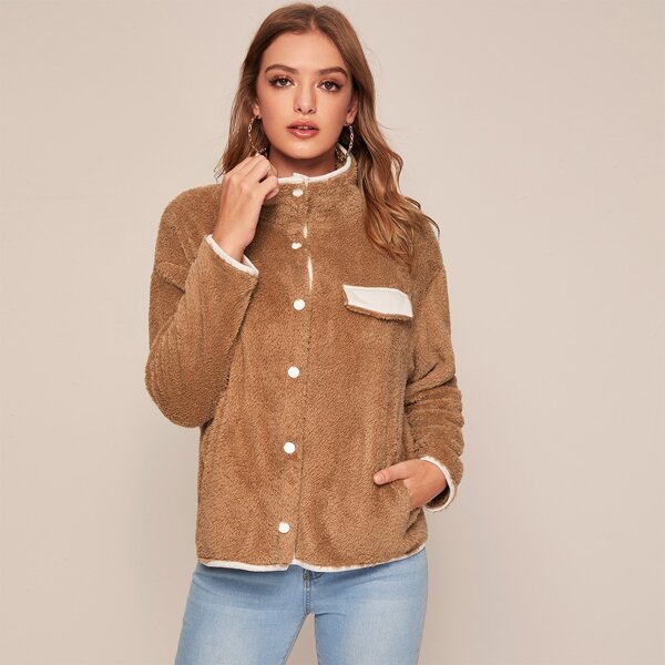 

Contrast Panel Button Through Teddy Jacket, Camel