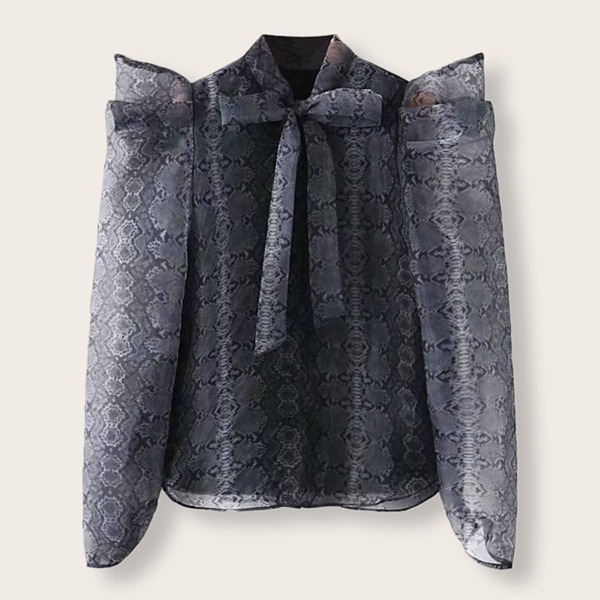 

Tie Neck Snakeskin Print Ruffle Mesh Blouse, Grey