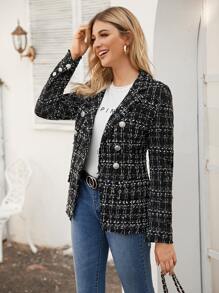 Blazer tweed con botones de cuadros - Negro - Ver 3