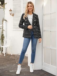 Blazer tweed con botones de cuadros - Negro - Ver 4