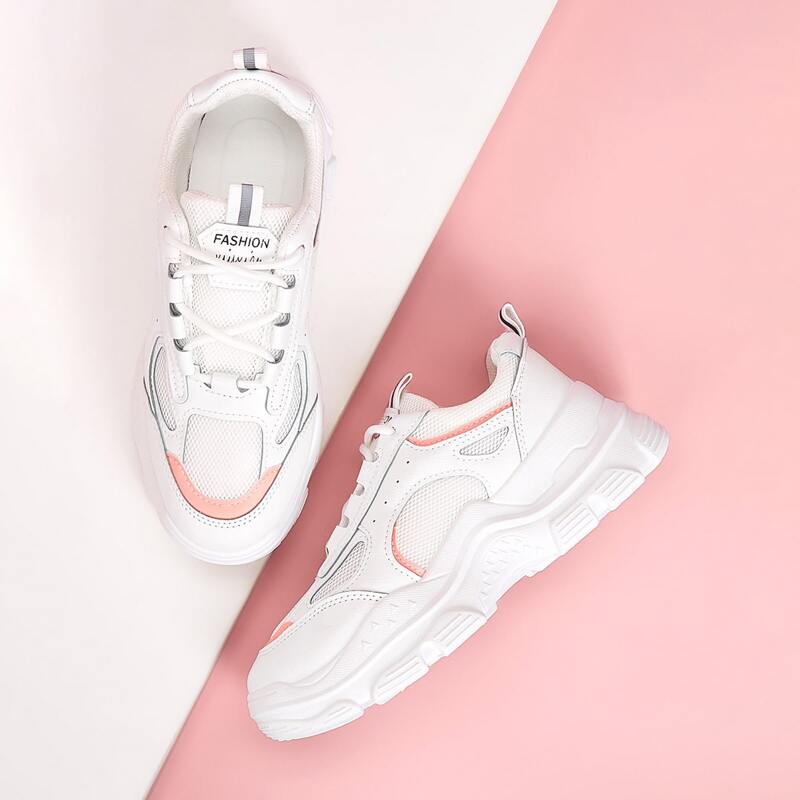 

Lace-up Front Mesh Panel Chunky Sneakers, White