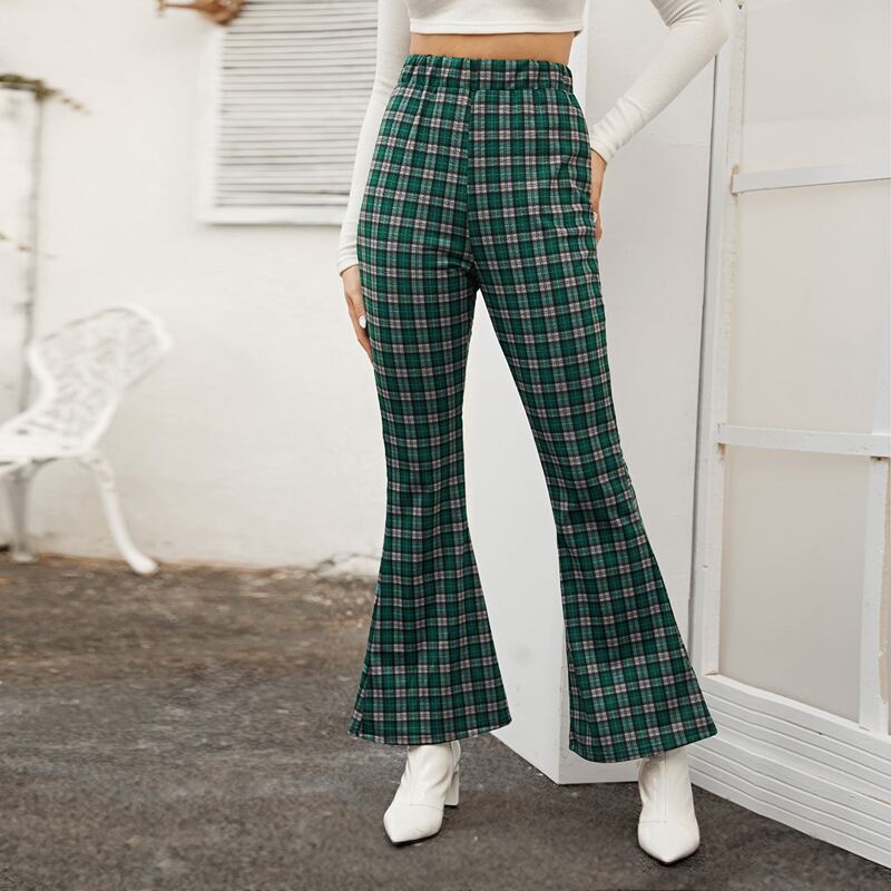 

Plaid Print Flare Leg Pants, Green