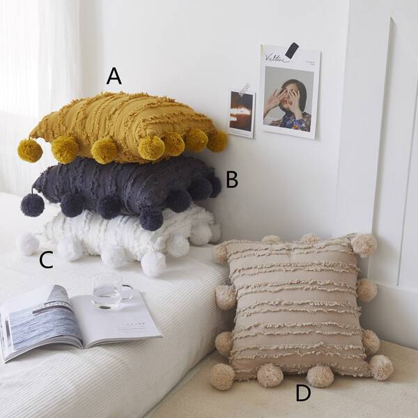 

1pc Pom Pom Decor Fringe Cushion Cover, Multicolor