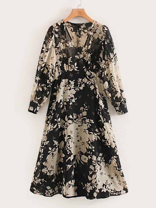 

Surplice Front Floral Print High Waist Dress, Multicolor
