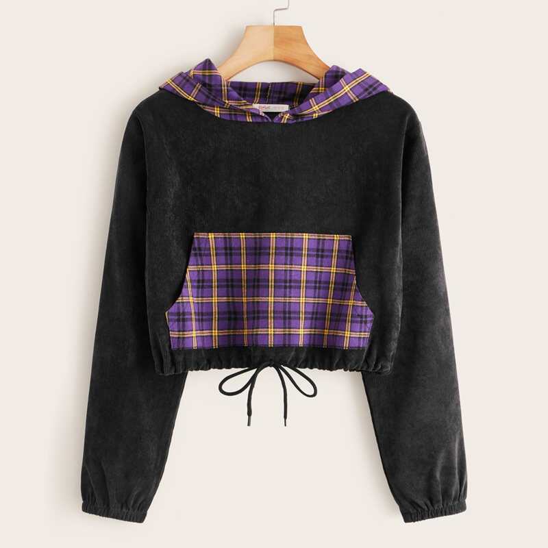 

Contrast Plaid Drawstring Hem Corduroy Hoodie, Multicolor