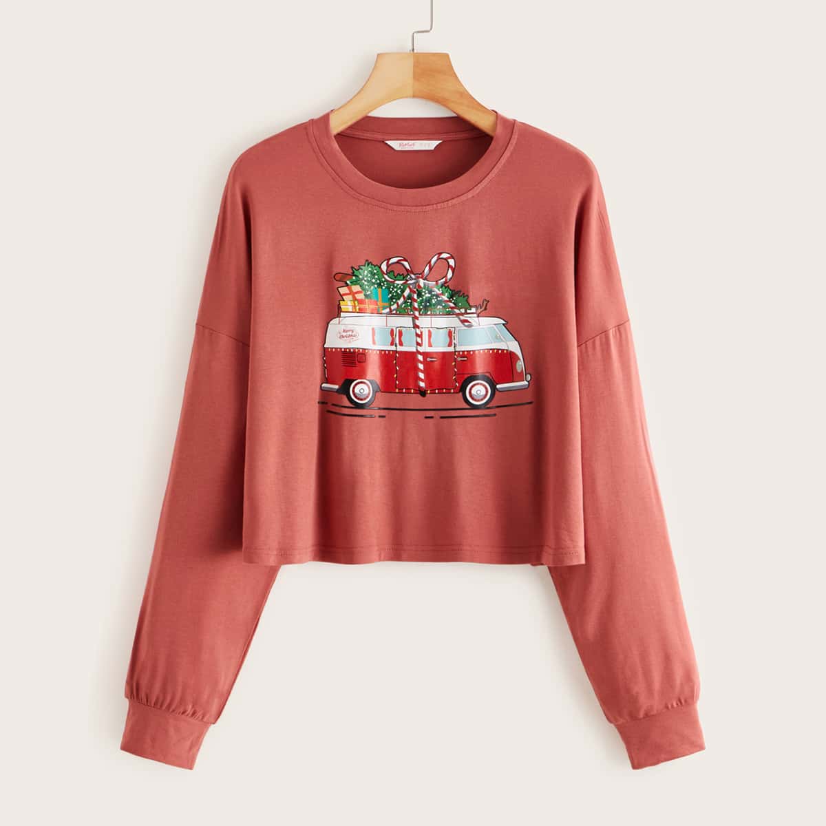 

Christmas Print Drop Shoulder Tee, Red