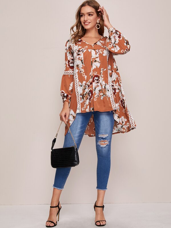 

Floral Print High Low Hem Blouse, Orange, Luiza