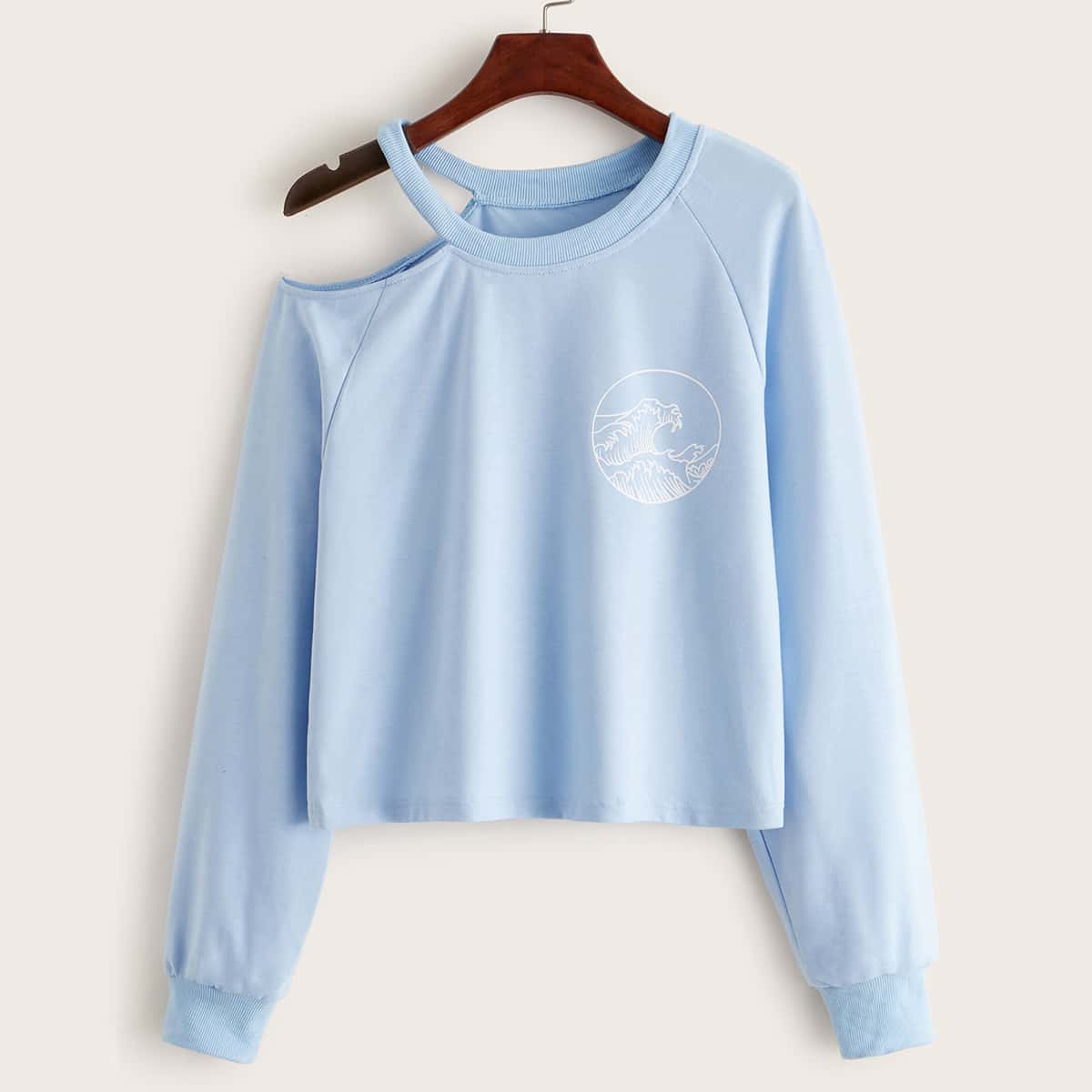 

Graphic Print Asymmetrical Neck Sweatshirt, Blue pastel